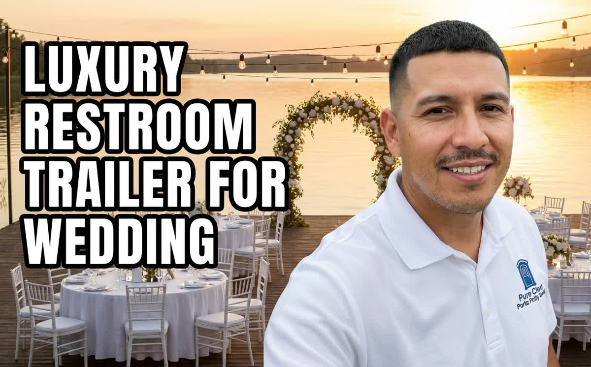 Luxury restroom trailer lakefront wedding